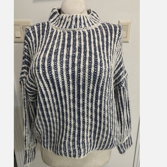 WOMEN'S ANTHROPOLOGIE POL BLUE STRIPED WOOL BLEND MOCK NECK SWEATER SMALL NWT - Picture 1 of 12